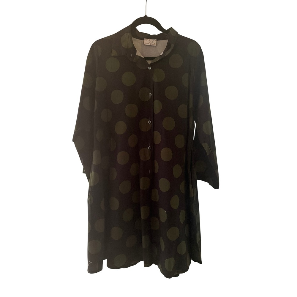 AQRL Shirt Dress Black Olive Green Polka Dot Long Sleeve Italy Cotton
